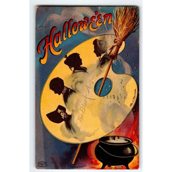 Halloween Postcard Ellen Clapsaddle Black Art Paint Pallet Magic Cauldron 1917